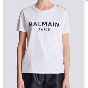 Balmain White Tee with Black Logo and Gold Buttons